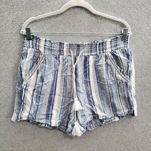 Briggs Women Shorts Medium Blue Striped Linen Blend Pockets Drawstring Inseam 4"